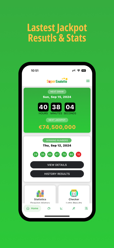 SuperEnalotto Lottery app home screen displaying the latest jackpot amount and winning numbers