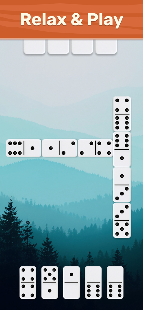 Dominoes - Draw, Block & All 5 - Tablero de juego de dominó con fichas grandes sobre un relajante fondo de paisaje montañoso.