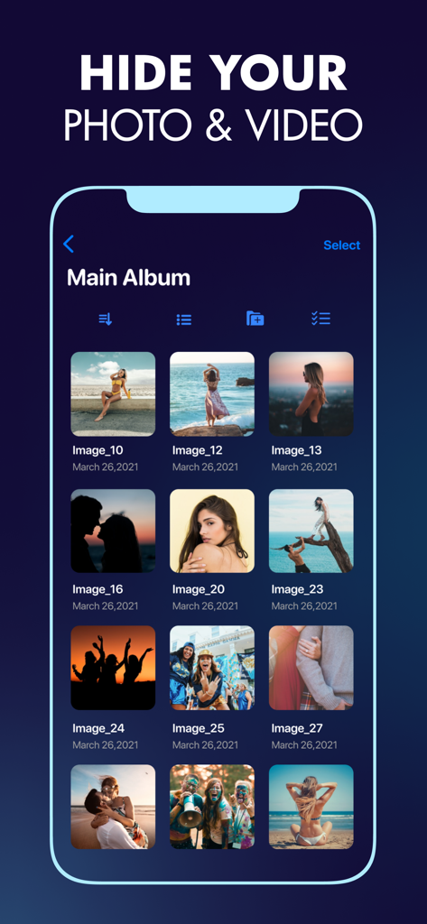 Secret Photo Vault: Pic Safe - Mobile app screen showing a private main album with a grid of hidden photos and the title Hide Your Photo and Video