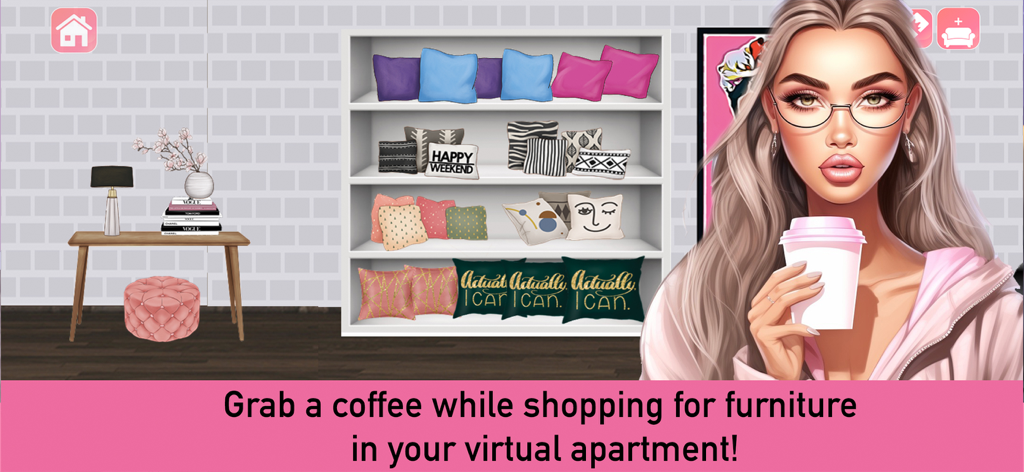 Lofti: Dreamy Room Decor Game - A stylish girl holding a coffee cup next to a shelf of aesthetic pillows in a cozy room decorating game