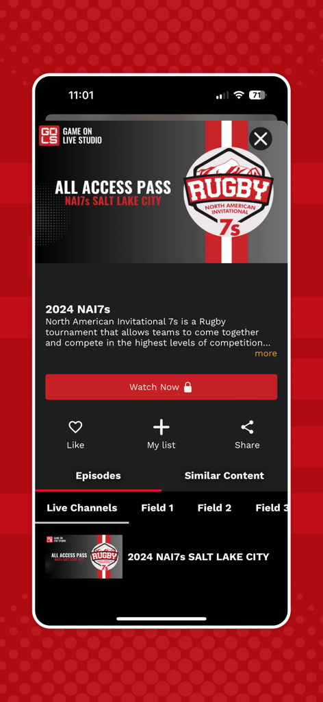 GOLS App - GOLS App interface displaying a live rugby tournament stream for the 2024 NAI7s in Salt Lake City.