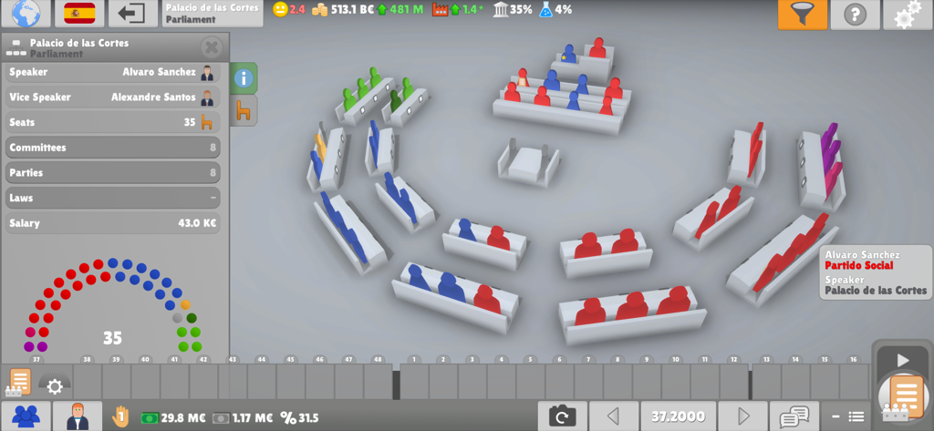 Lawgivers II parliament view showing political party seats and legislative chamber