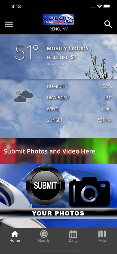 Schermata principale dell'app KOLO FirstAlert Weather che mostra il tempo attuale a Reno NV e un pulsante per l'invio di foto