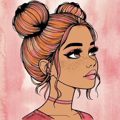 realistic girl with buns on the top of her head
