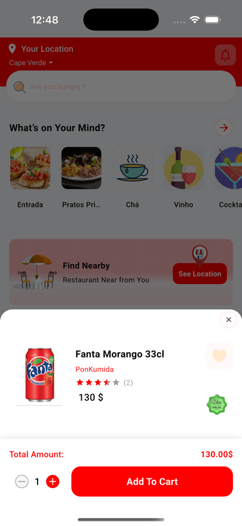Mazoneat - 마조니트 모바일 앱 화면으로, 음식 카테고리와 딸기 음료에 대한 상품 상세 정보 팝업이 표시됩니다.