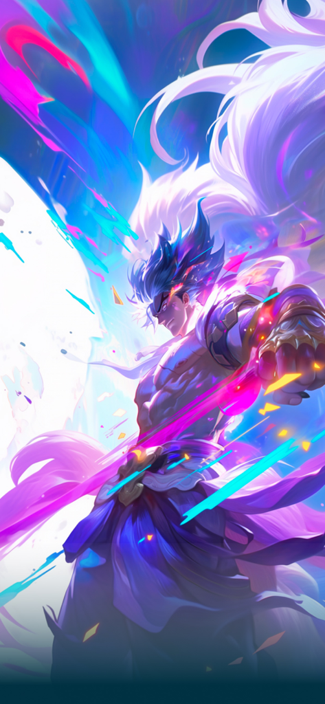 鮮やかなアニメイラスト：力強い輝くオーラを持つ、とがった青い髪の筋肉質の男性キャラクター