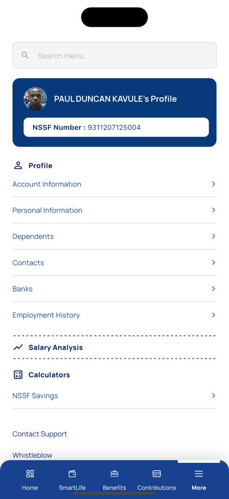 NSSF GO - User profile interface of the NSSF GO mobile app displaying personal information and account categories