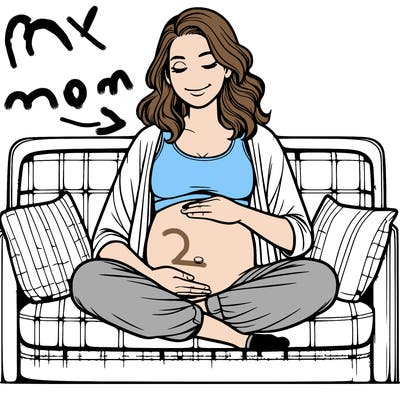 realistic pregnant woman with a big bump and crop top in a sofa