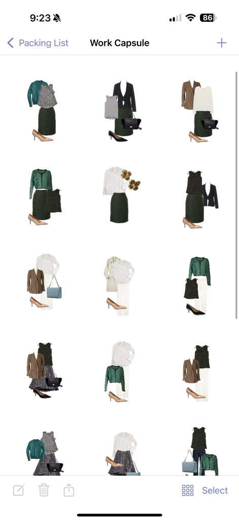 A grid of professional outfit collages for a work capsule in the Stylebook app