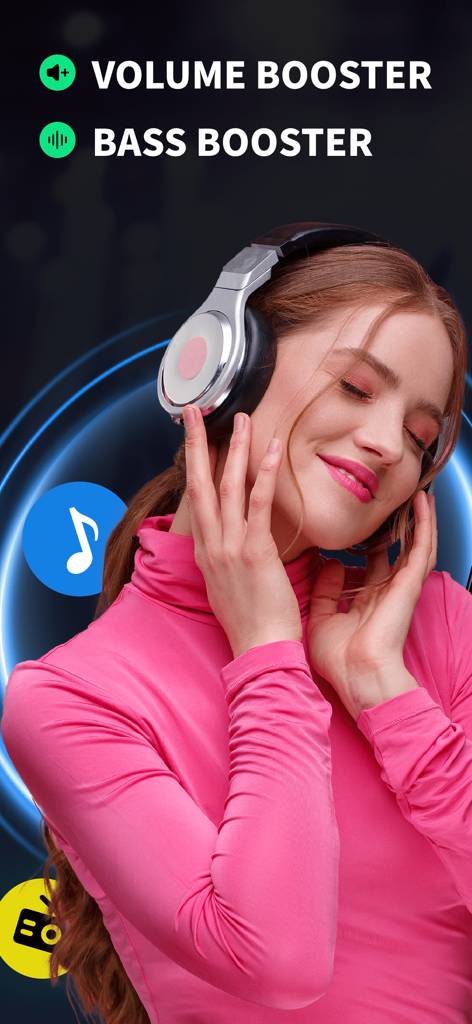 Bass Booster - Volume Booster - Femme avec des écouteurs profitant de la musique à l'aide des fonctions d'amplification des basses et du volume