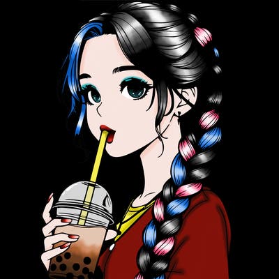 realistic girl with braided hair drinking boba