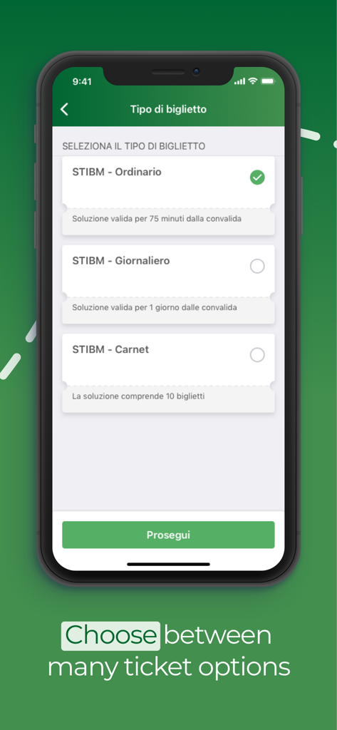 Trenord mobile app interface for choosing between different ticket types and STIBM fares