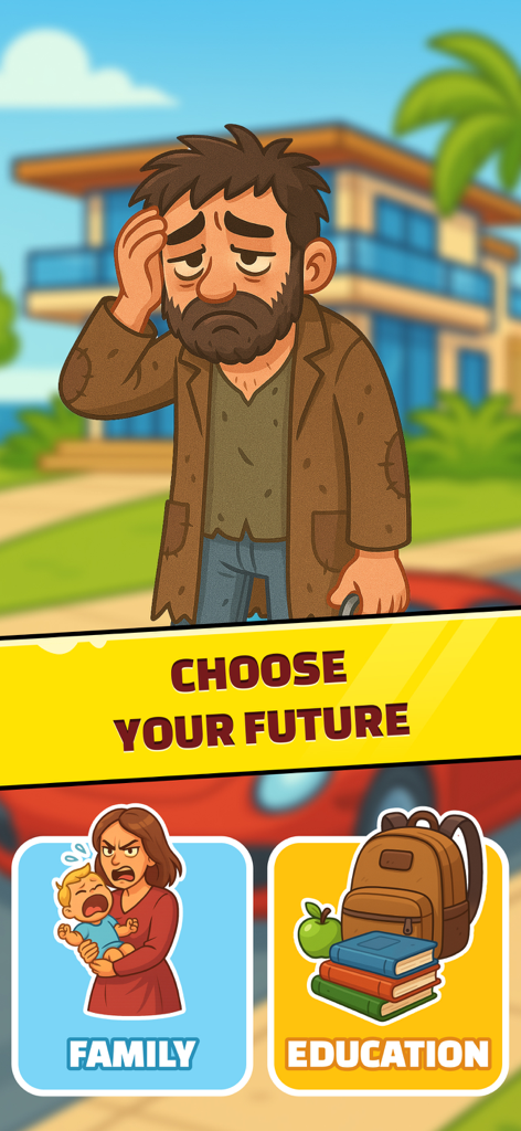 Business Empire: RichMan - Uma tela de jogo mostrando a escolha de um personagem entre caminhos de família e educação para construir um futuro de sucesso.