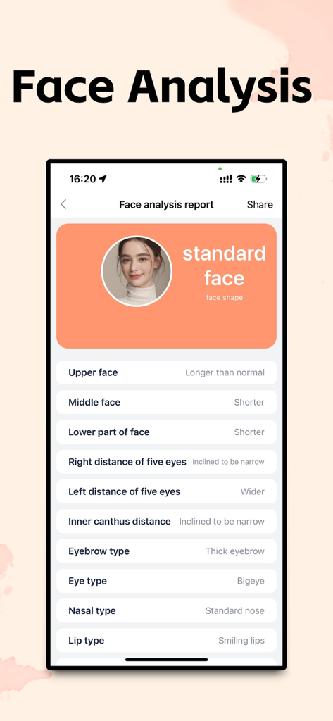 Face Analysis - AI Try Makeup - Interfaz del informe de análisis facial IA mostrando proporciones y tipos detallados de rasgos faciales