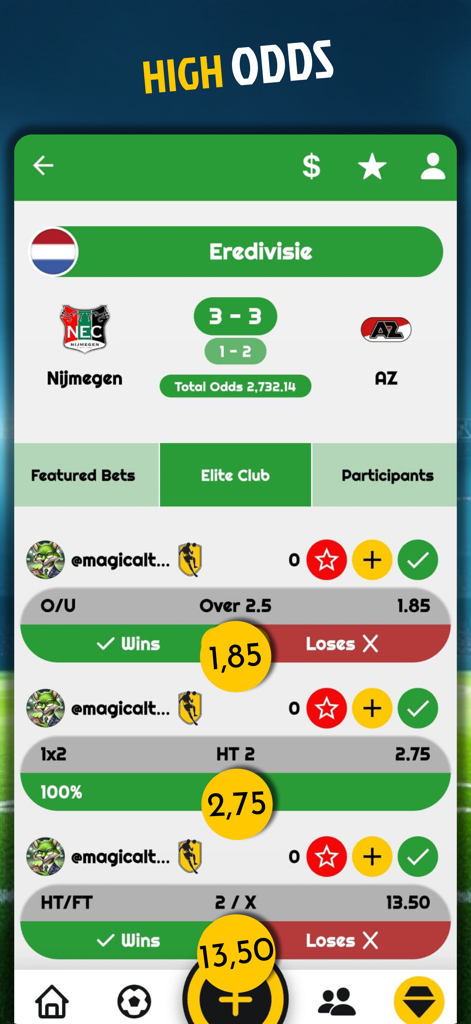 BetSocial: Discover Winning - BetSocialアプリのインターフェース。高オッズのスポーツベット予測とエリートクラブのティッパーランキングを表示。