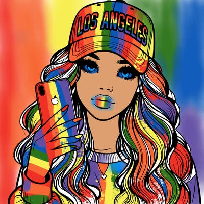 realistic beautiful girl wearing los ángeles cap holding an iphone