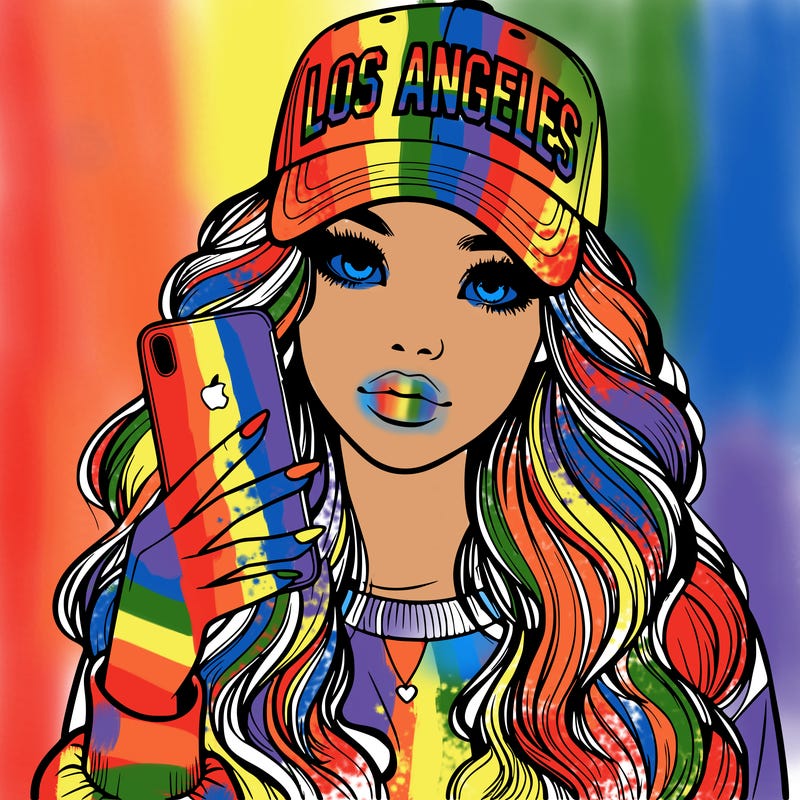 realistic beautiful girl wearing los ángeles cap holding an iphone