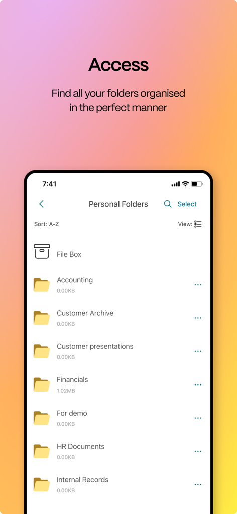 ShareFile-Mobil-App mit einer organisierten Liste von Geschäftsordnern, einschließlich Buchhaltungs- und Finanzdokumenten.