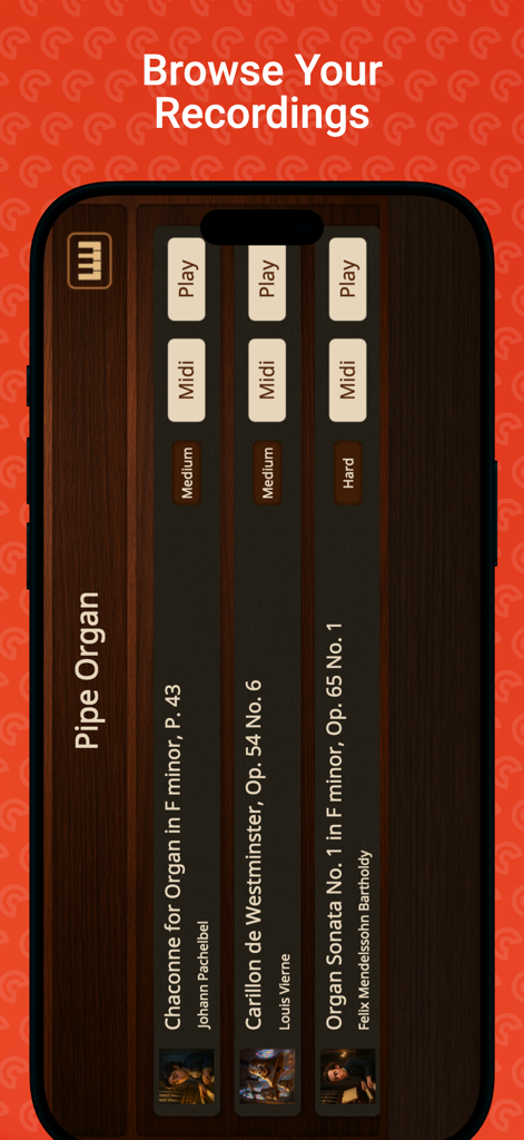 Pipe Organ - Una pantalla de aplicación móvil que muestra una lista de grabaciones de música de órgano con opciones MIDI y de reproducción.