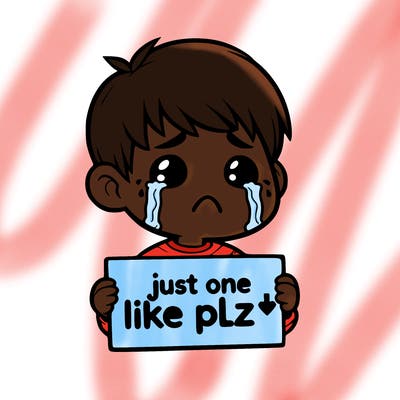 realistic crying boy with a sign saying just one like plz