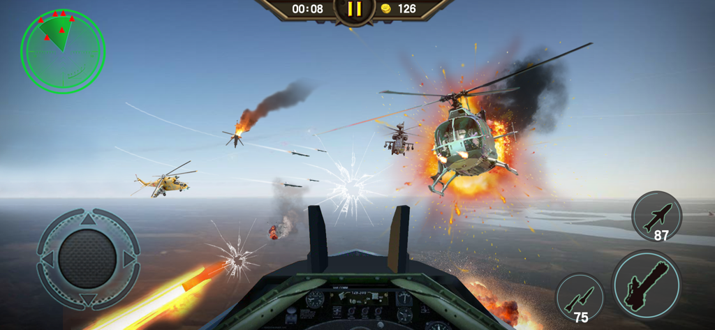 Gunship Combat: 3D Air Strike - Vista de cabina en primera persona de una batalla aérea con helicópteros y explosiones
