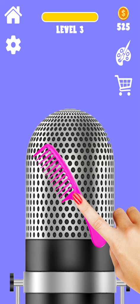 ASMR 릴렉세이션 게임 인터페이스에서 스튜디오 마이크에 빗질하는 손