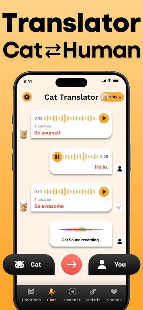 A screenshot of the Cat Translator app showing the chat feature with voice recordings and translated messages between a human and a cat.
