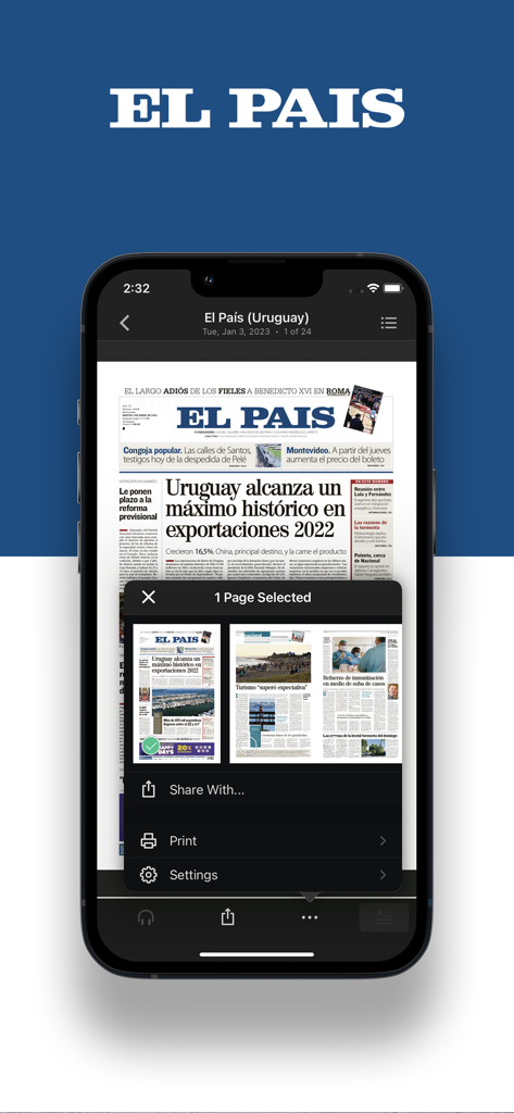El Pais Epaper mobile app showing page selection menu with sharing and printing options