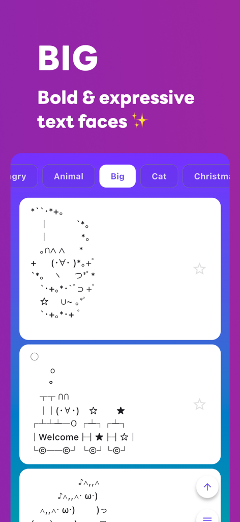 Kaomoji – Kawaii Emoji App - A showcase of large and bold kaomoji text faces within the Big category of the Kawaii Emoji App