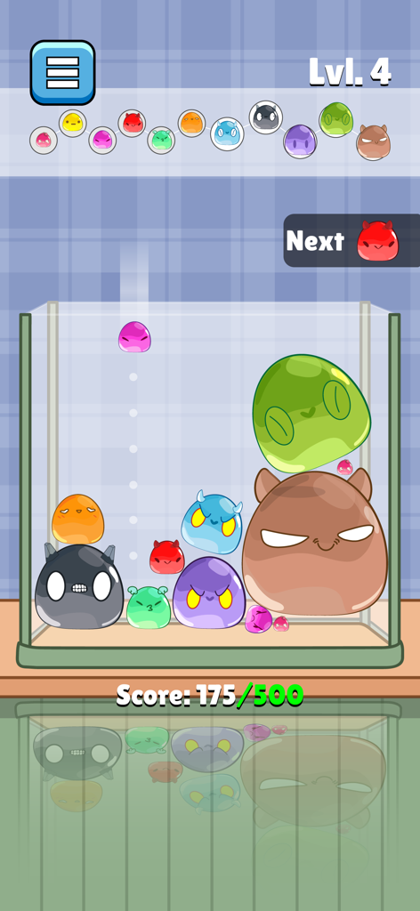 Block Puzzle: blast the square - Pantalla de juego de Block Puzzle blast the square con divertidos personajes de slime de colores apilados en un recipiente de vidrio