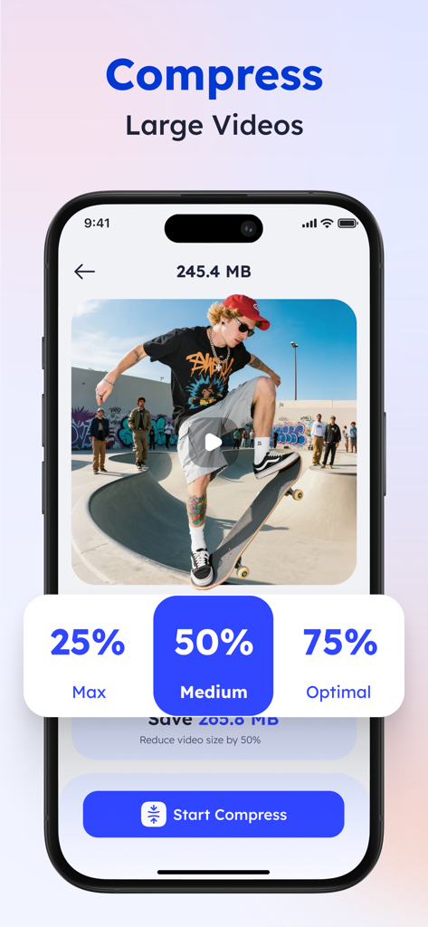 Junk Cleaner - AI Clean Up - Screenshot showing the video compression feature of Junk Cleaner app with options to reduce file size and save iPhone storage