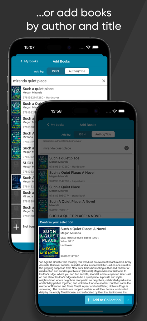 CLZ Books - library organizer - Mobile app interface for adding books to a collection by searching author and title