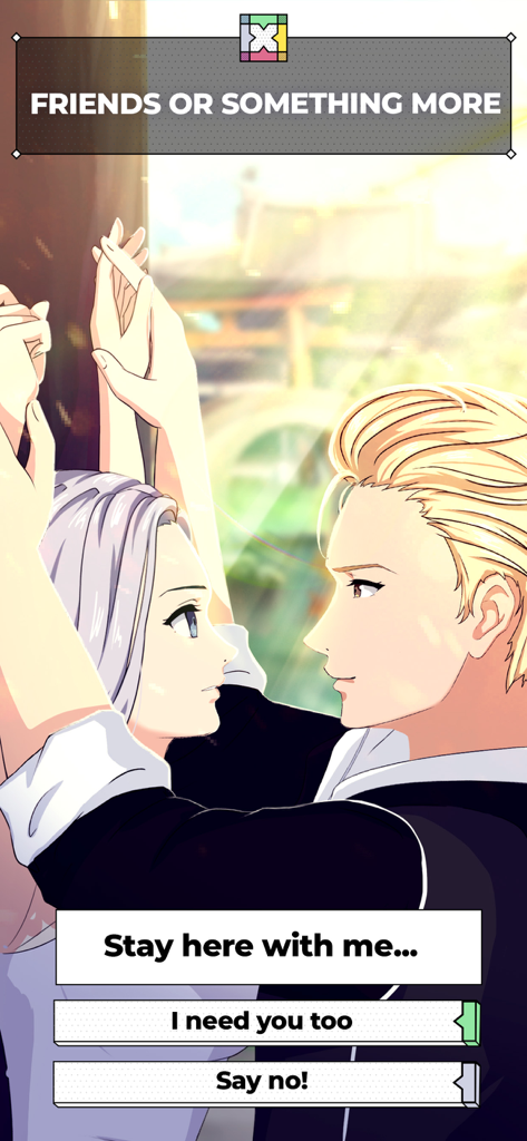 ChatLinx Otome Text Story Game - Romantic anime scene with dialogue choices in the ChatLinx otome game.