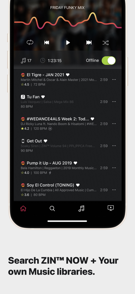 ZIN Play app interface showing a custom music playlist with song details and offline mode enabled