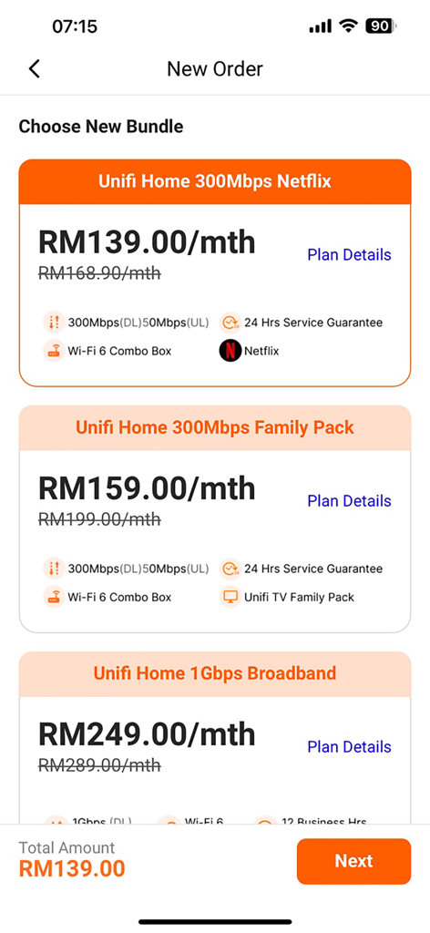 Unifi UniVerse - A screenshot of the Unifi UniVerse app displaying various home broadband and entertainment bundle plans with pricing.