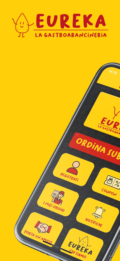 Eureka Chieri - Écran d'accueil de l'application mobile Eureka Chieri montrant des boutons pour commander de la nourriture, des coupons et la gestion du compte utilisateur