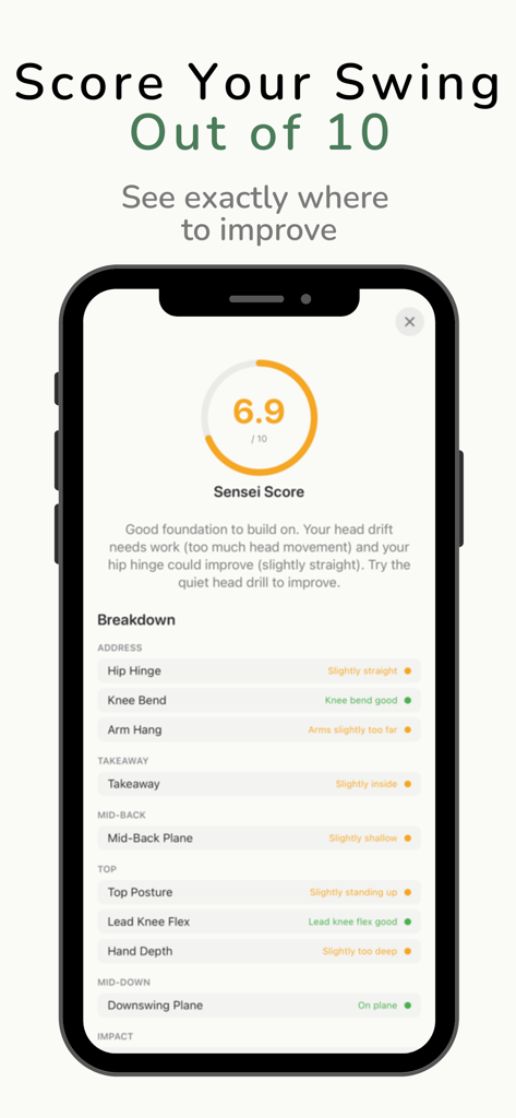 The Swing Sensei - Mobile screen showing a golf swing score of 6.9 out of 10 with a detailed breakdown of posture and swing path checkpoints