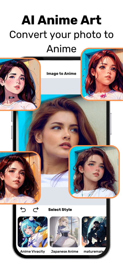 Manga Reader - Read Manga Top - Interface of the Manga Reader app showing the AI Anime Art feature which converts a real photo into various anime character styles