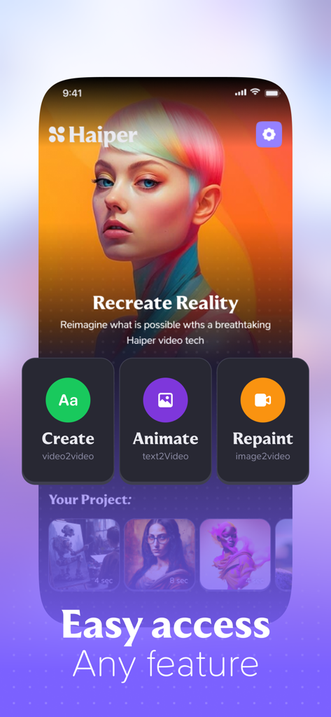 Haiper AI・Video, Photo Creator - Haiper AI app dashboard showing Create Animate and Repaint video tools with an artistic portrait background