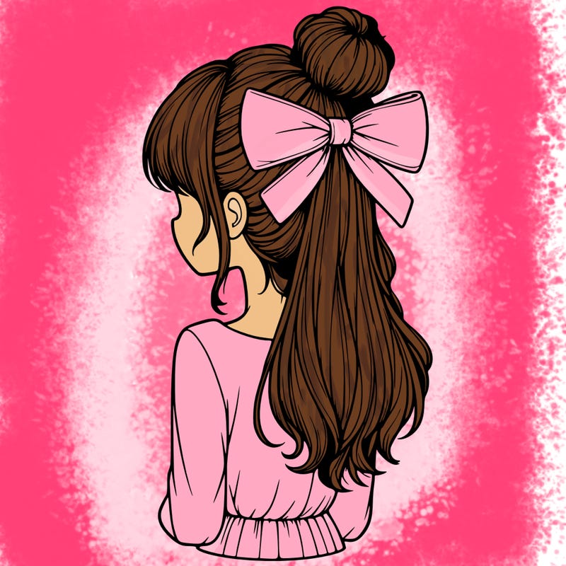 realistic girl  with hip length hair a bun and a big bow on the back of head
