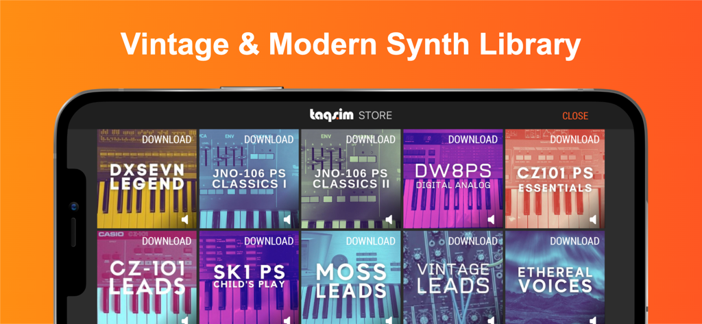 Synth Pro: Analog Synthesizer - A library view within the Synth Pro app featuring various vintage and modern analog synthesizer sound packs for download