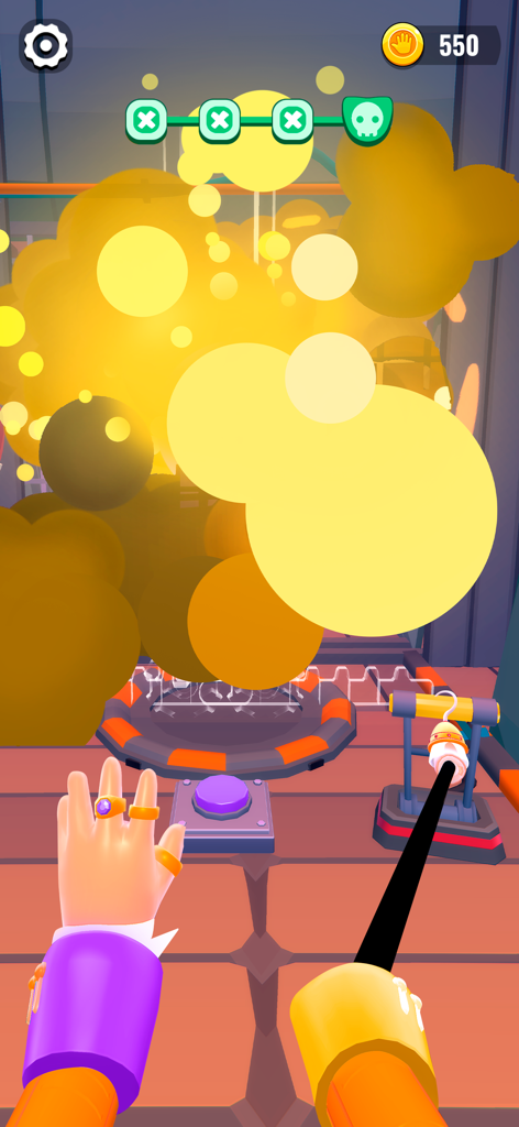 Gameplay screenshot of Monster Play Time Puzzle Game showing mechanical hands and a large yellow explosion.