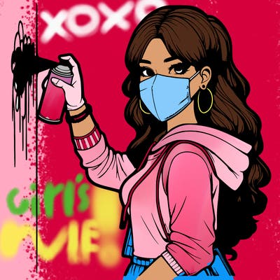realistic girl with mask spray painting a wall