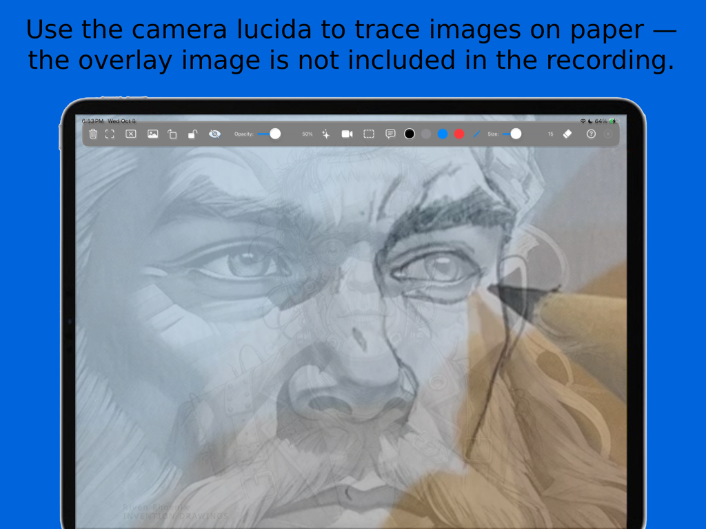 DrawLikePro - Pantalla de iPad mostrando el modo Camera Lucida de DrawLikePro para trazar dibujos en papel