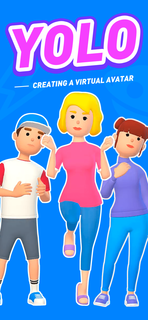 Trois personnages 3D représentant la création d'avatar virtuel dans l'application YOLO.