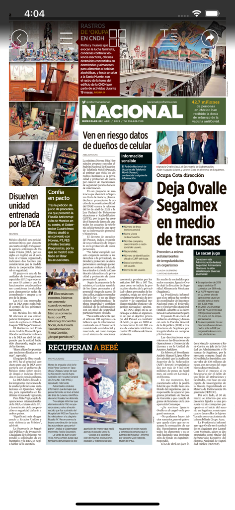 REFORMA (autodescargable) - Digital newspaper page showing the National news section of the REFORMA app.