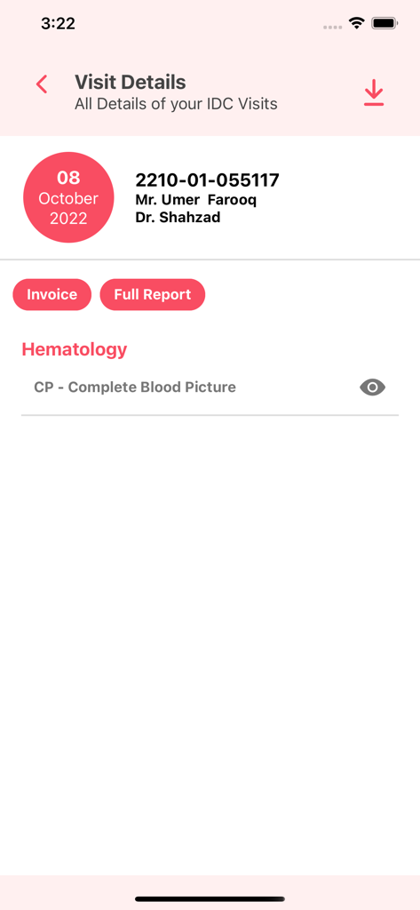 My IDC - Visit details screen in My IDC app displaying patient report info