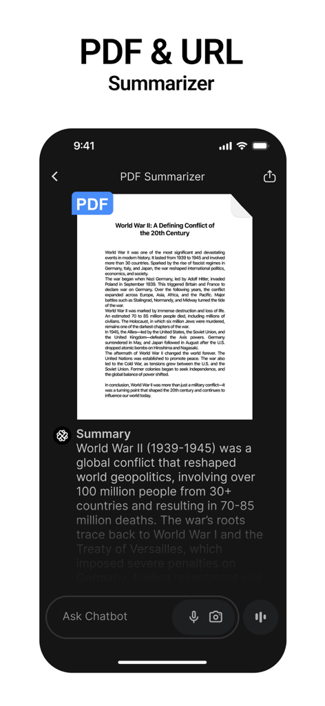 Chatbot App - AI Assistant - Interfaz de la aplicación Chatbot que muestra un resumen generado por IA de un documento PDF sobre la Segunda Guerra Mundial
