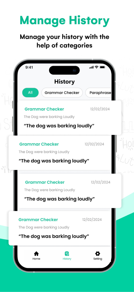 The history management screen in the AI Grammar Check app displaying a list of corrected sentences.