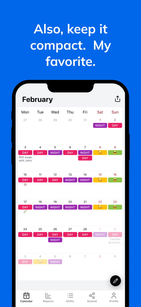 Shifts Calendar (Shifty) - Monthly calendar view showing color coded day and night shifts in a compact layout